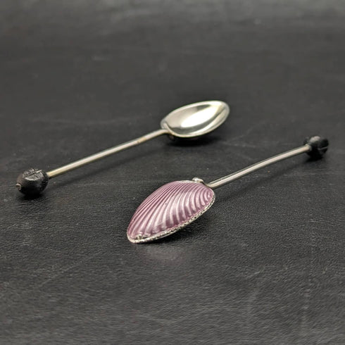 1933 British vintage pair of sterling silver demitasse spoons with enamel decoration